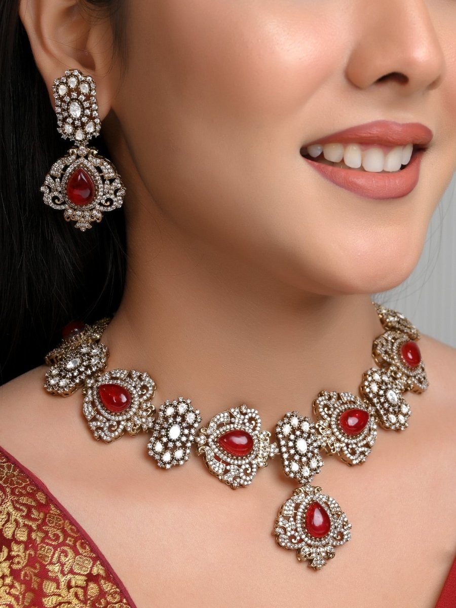 Aarna Red Victorian Necklace Set - House of Sarvati LLC