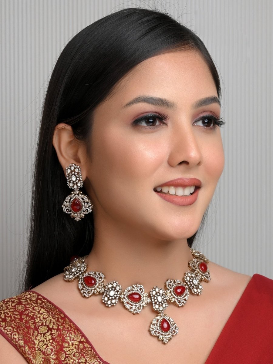 Aarna Red Victorian Necklace Set - House of Sarvati LLC