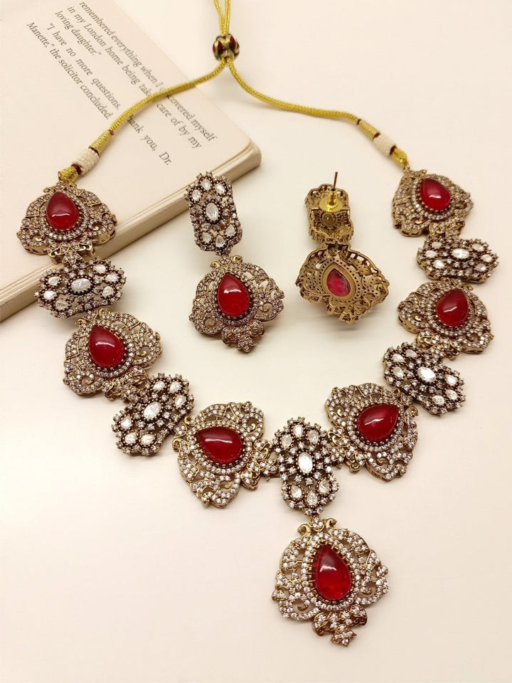 Aarna Red Victorian Necklace Set - House of Sarvati LLC