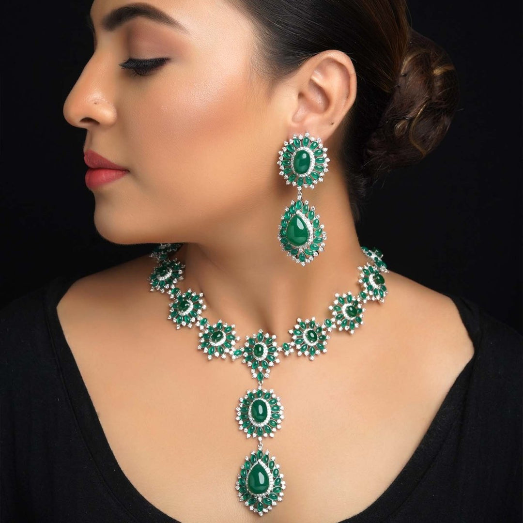 Aatifa Green Emerald And American Diamond Necklace Set With Beautiful Finger Ring - House of Sarvati LLC