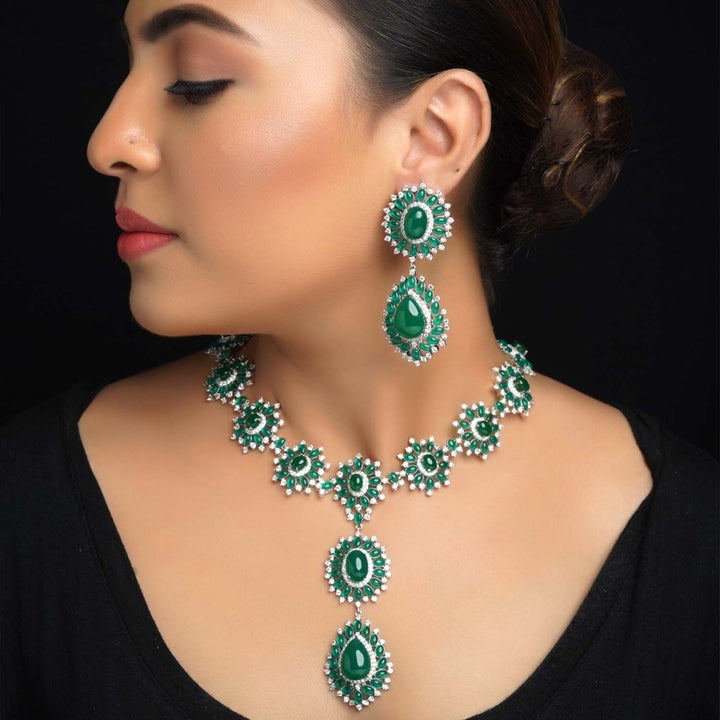 Aatifa Green Emerald And American Diamond Necklace Set With Beautiful Finger Ring - House of Sarvati LLC