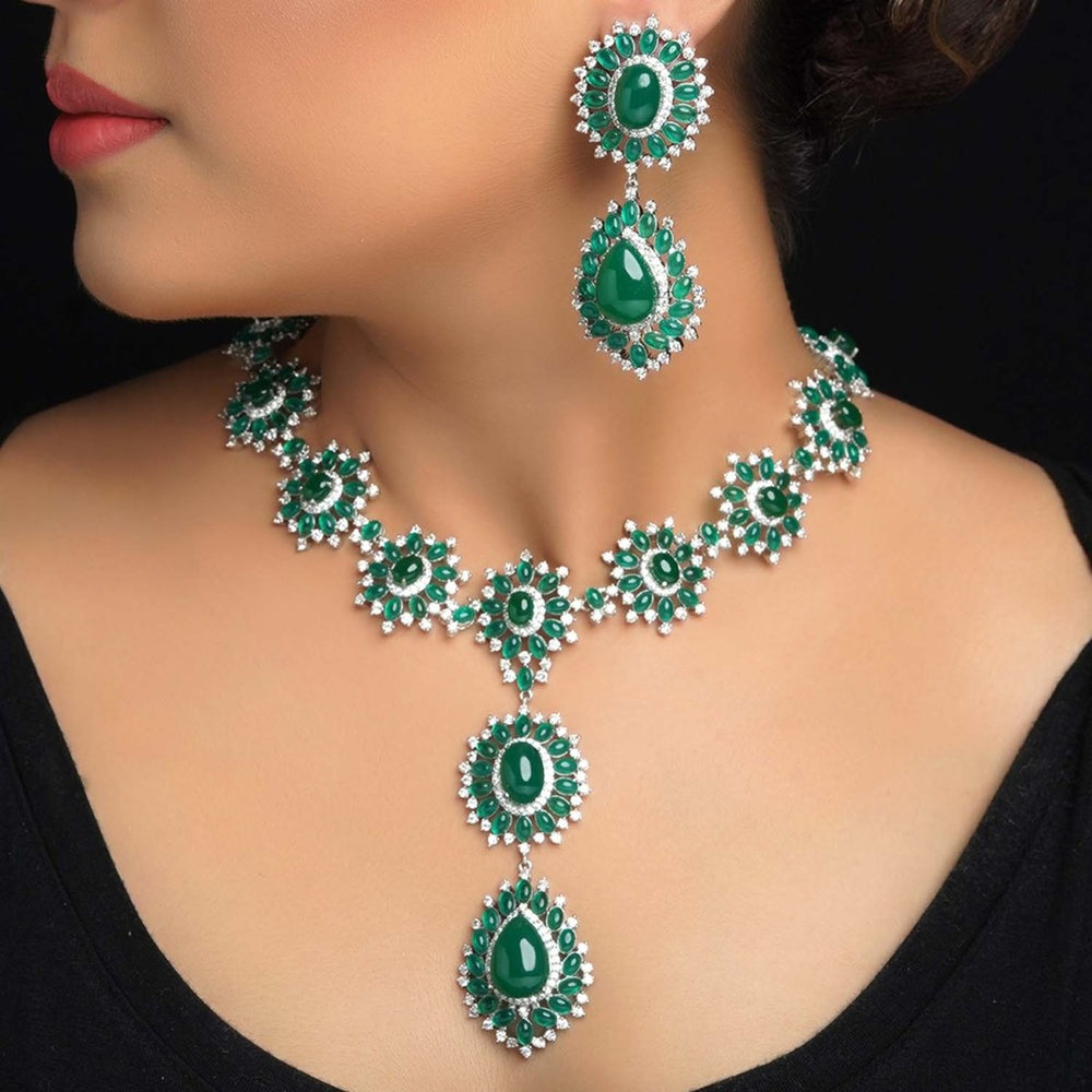 Aatifa Green Emerald And American Diamond Necklace Set With Beautiful Finger Ring - House of Sarvati LLC