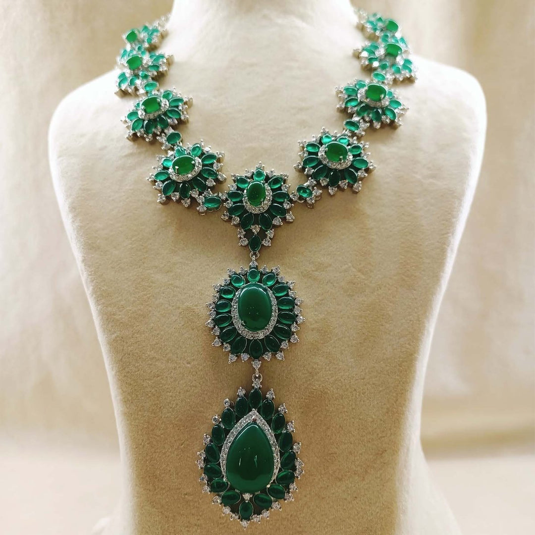 Aatifa Green Emerald And American Diamond Necklace Set With Beautiful Finger Ring - House of Sarvati LLC