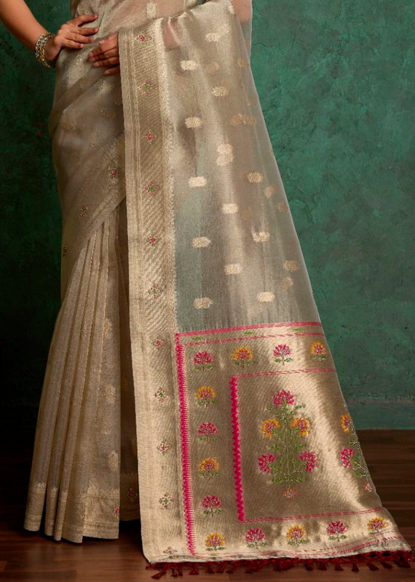 Abalone Grey Tissue Silk Saree Featuring Buttis All Over and Heritage Paithani Pallu - House of Sarvati LLC