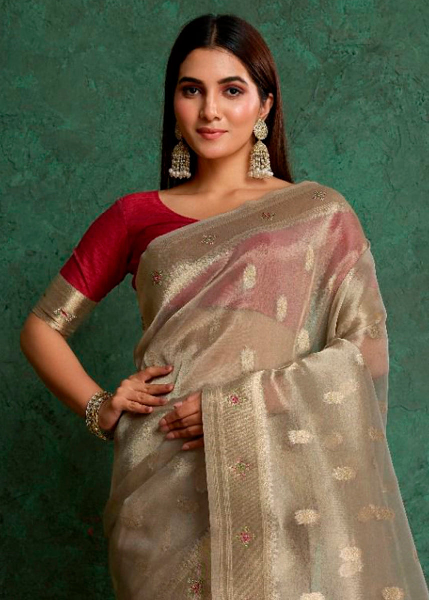 Abalone Grey Tissue Silk Saree Featuring Buttis All Over and Heritage Paithani Pallu - House of Sarvati LLC