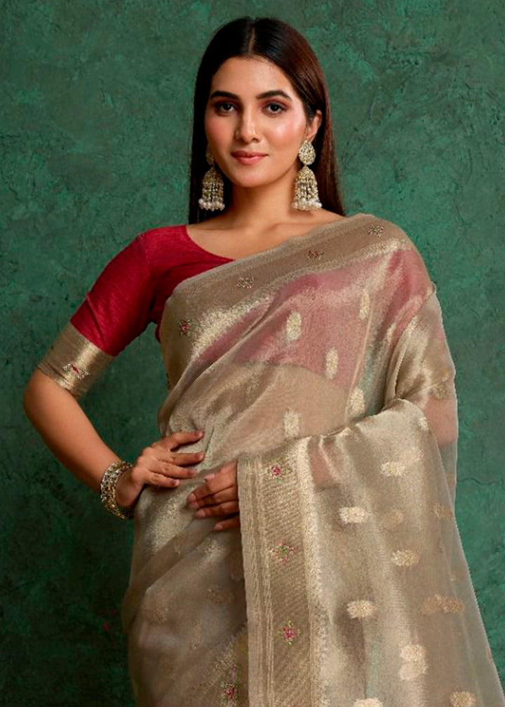 Abalone Grey Tissue Silk Saree Featuring Buttis All Over and Heritage Paithani Pallu - House of Sarvati LLC