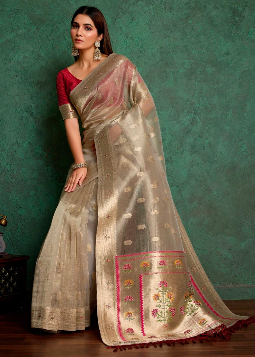 Abalone Grey Tissue Silk Saree Featuring Buttis All Over and Heritage Paithani Pallu - House of Sarvati LLC
