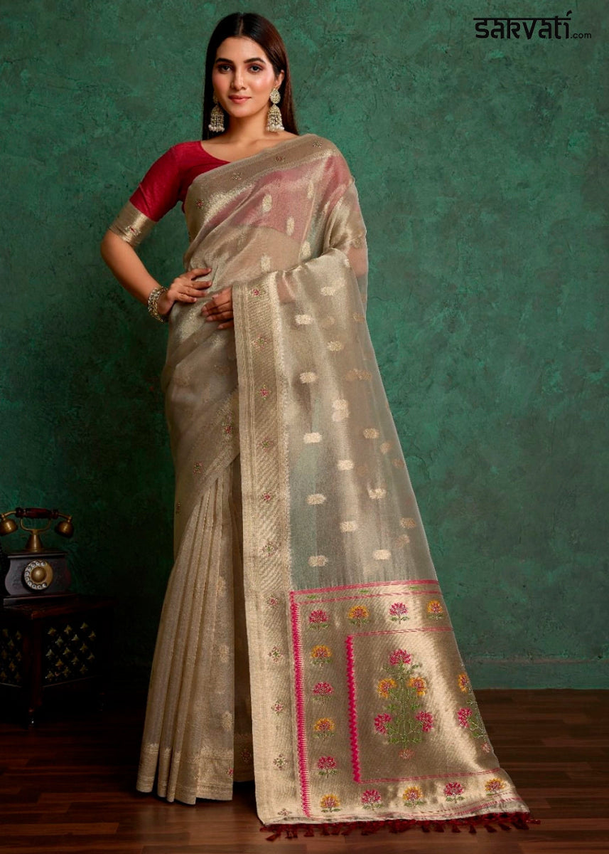 Abalone Grey Tissue Silk Saree Featuring Buttis All Over and Heritage Paithani Pallu - House of Sarvati LLC