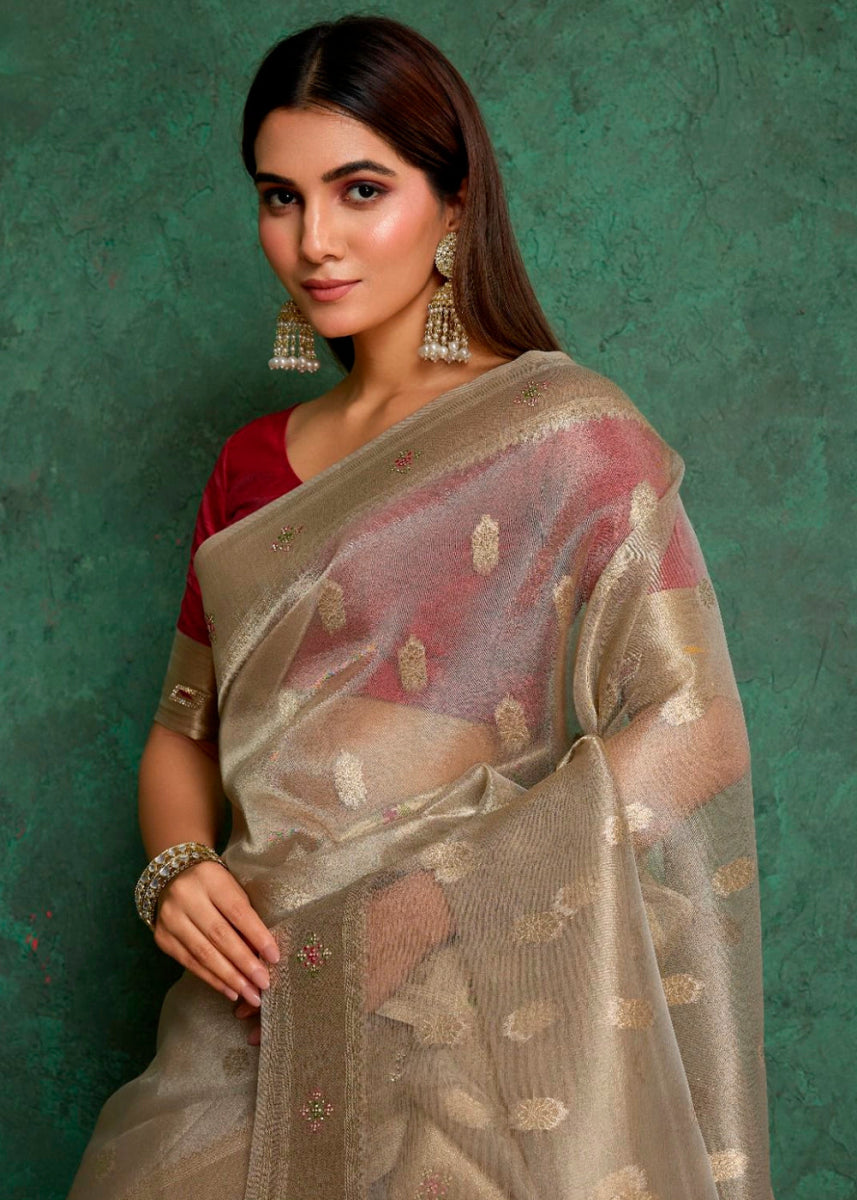 Abalone Grey Tissue Silk Saree Featuring Buttis All Over and Heritage Paithani Pallu - House of Sarvati LLC