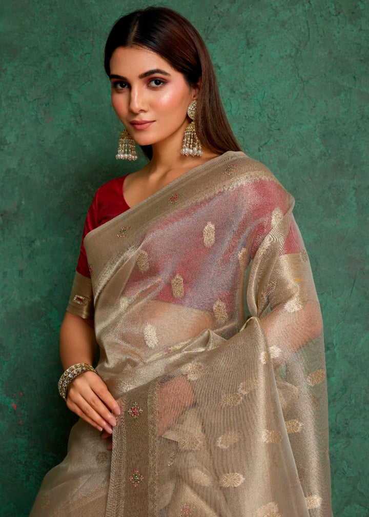 Abalone Grey Tissue Silk Saree Featuring Buttis All Over and Heritage Paithani Pallu - House of Sarvati LLC