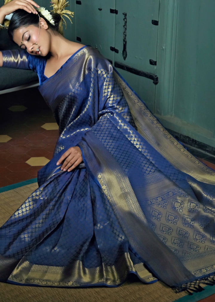 Admiral Blue Kanjivaram Silk Saree with Rich Zari Work - House of Sarvati LLC
