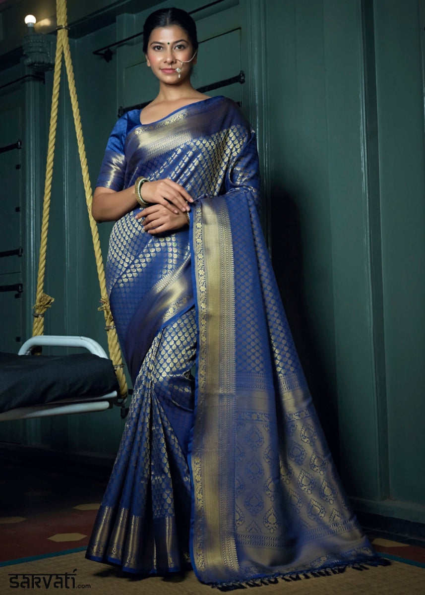 Admiral Blue Kanjivaram Silk Saree with Rich Zari Work - House of Sarvati LLC