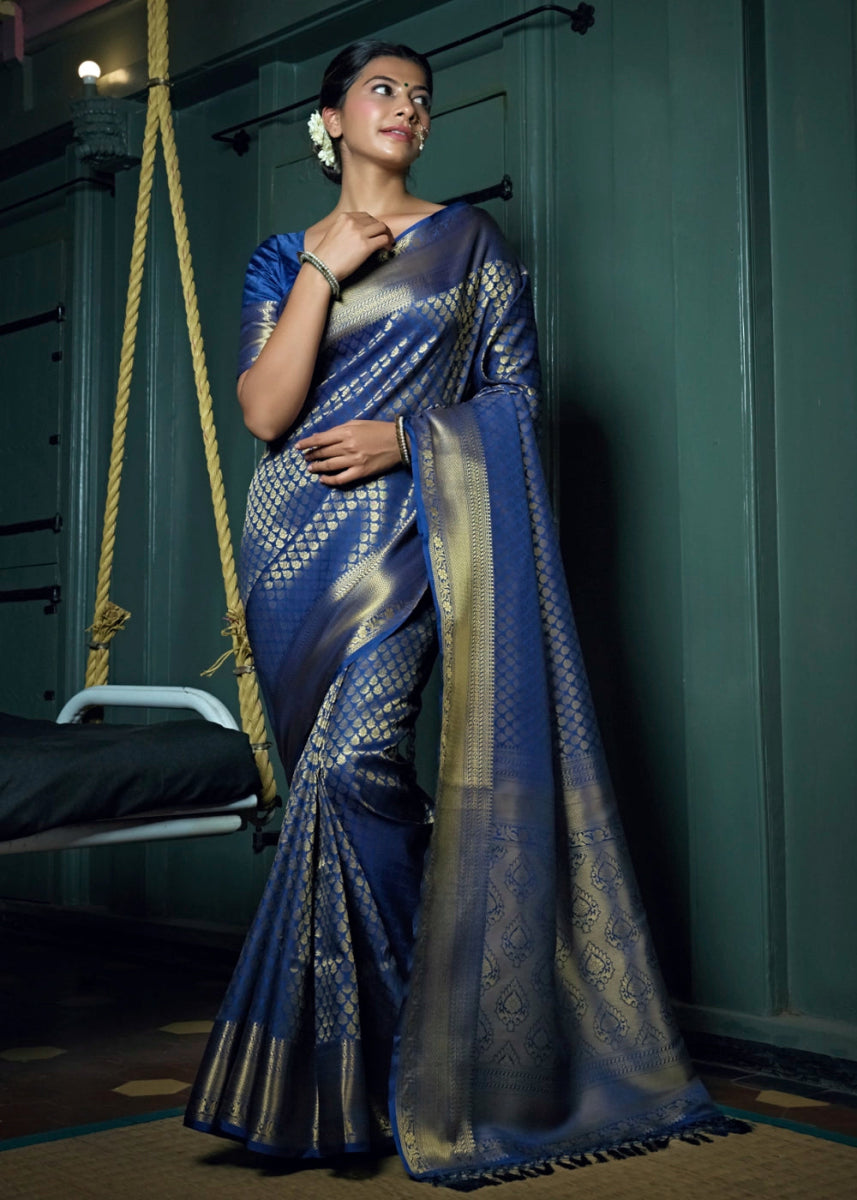 Admiral Blue Kanjivaram Silk Saree with Rich Zari Work - House of Sarvati LLC
