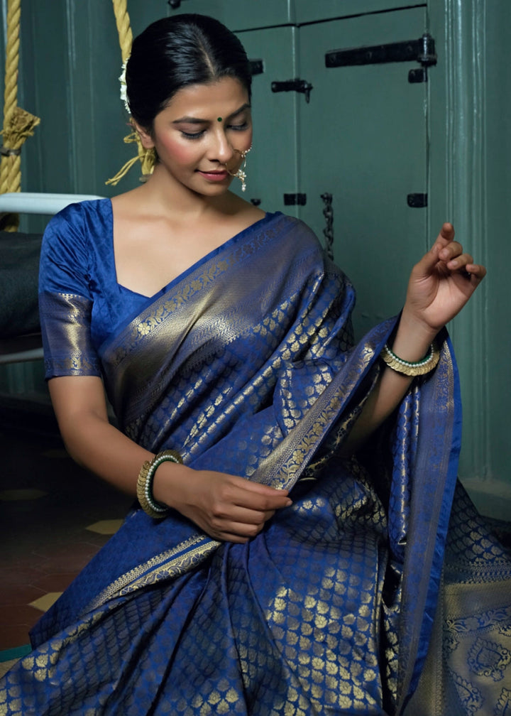 Admiral Blue Kanjivaram Silk Saree with Rich Zari Work - House of Sarvati LLC