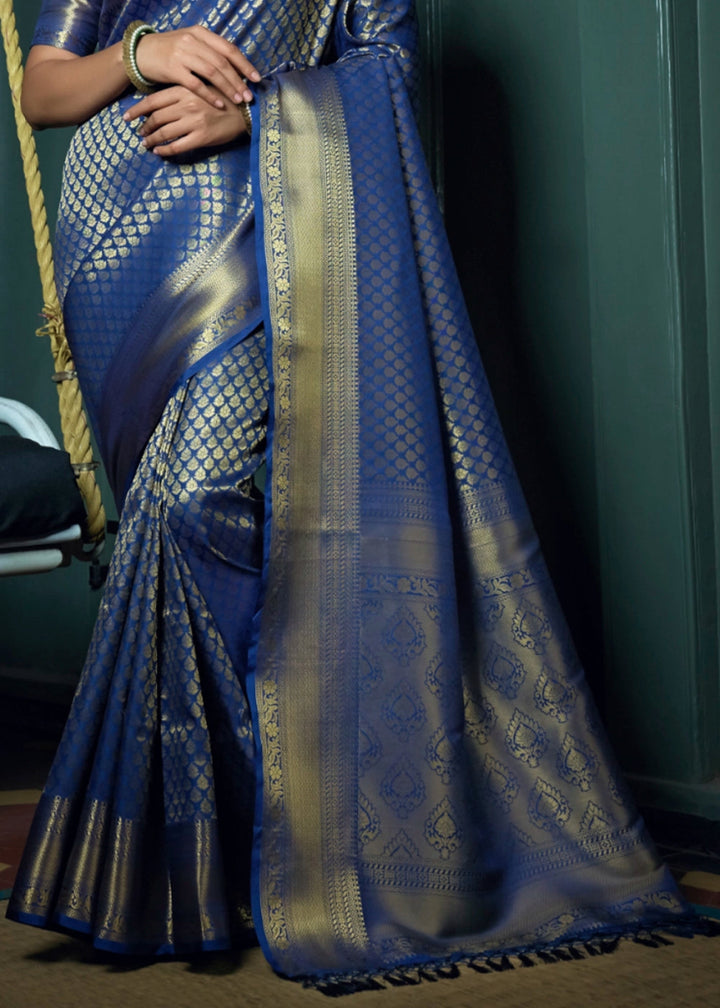 Admiral Blue Kanjivaram Silk Saree with Rich Zari Work - House of Sarvati LLC