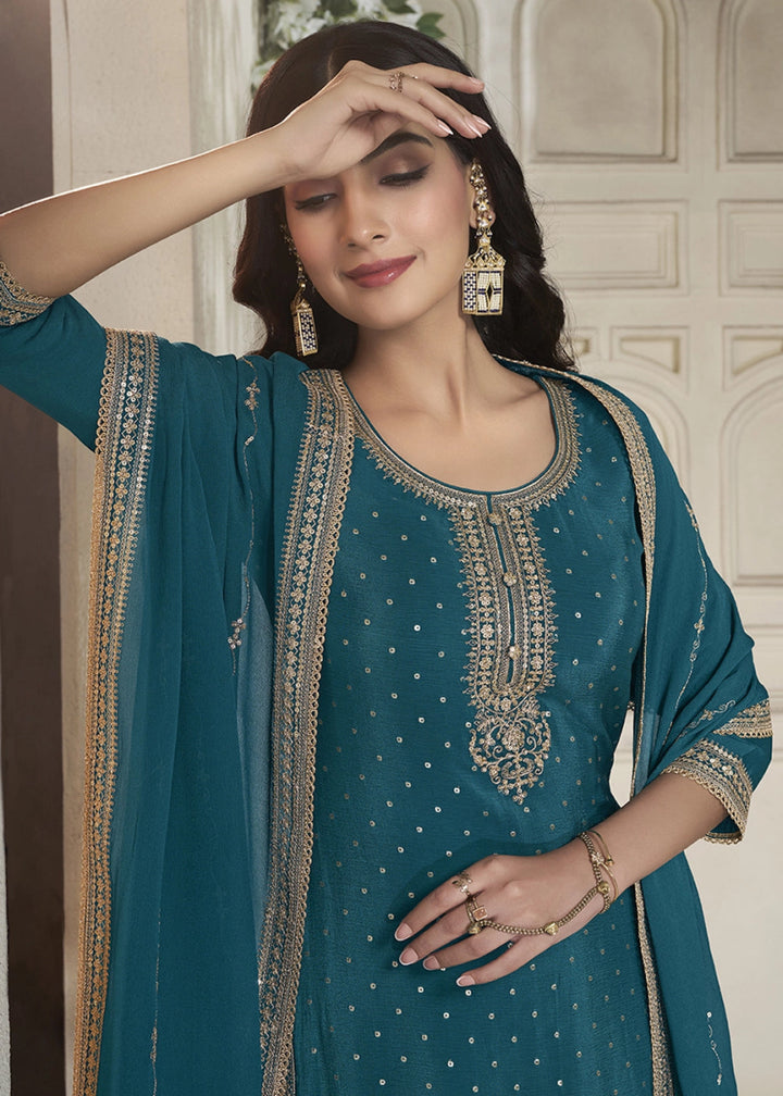 Aegean Blue Embroidered Sharara Suit in Chinon Silk with Jacquard Buttis - House of Sarvati LLC