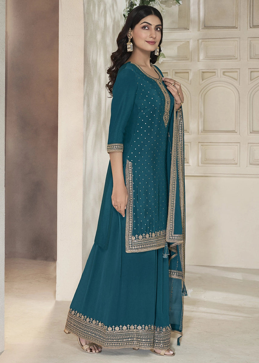 Aegean Blue Embroidered Sharara Suit in Chinon Silk with Jacquard Buttis - House of Sarvati LLC