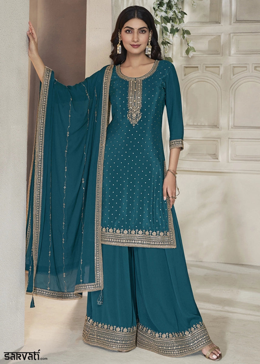 Aegean Blue Embroidered Sharara Suit in Chinon Silk with Jacquard Buttis - House of Sarvati LLC