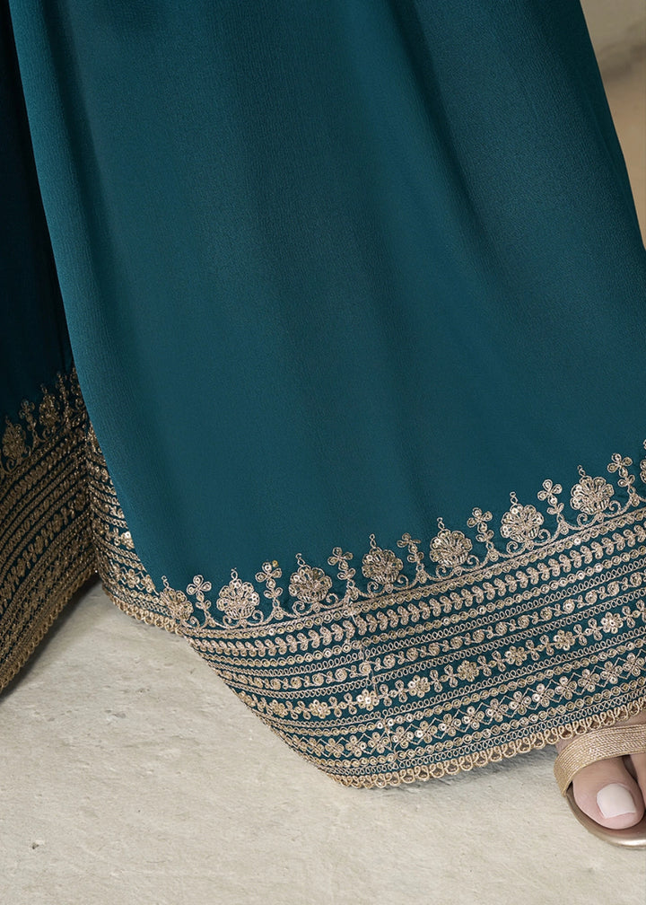Aegean Blue Embroidered Sharara Suit in Chinon Silk with Jacquard Buttis - House of Sarvati LLC