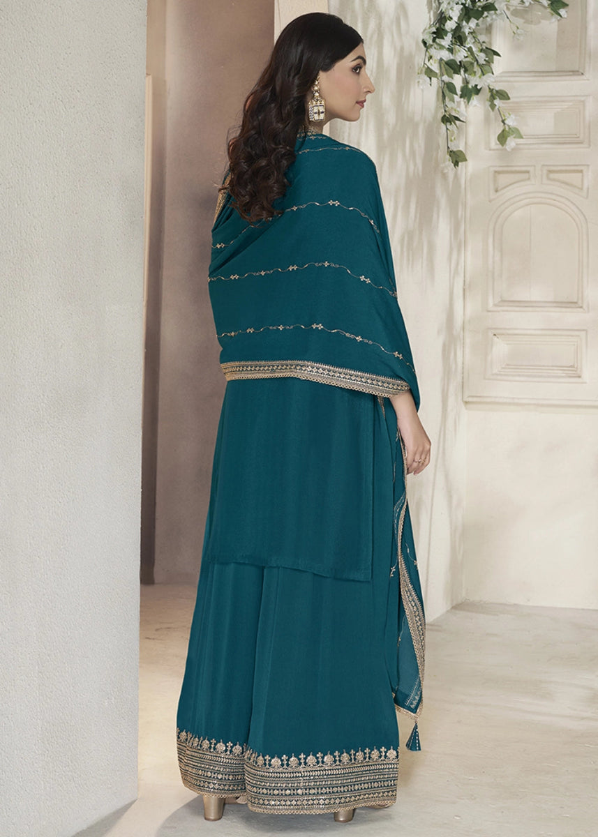 Aegean Blue Embroidered Sharara Suit in Chinon Silk with Jacquard Buttis - House of Sarvati LLC