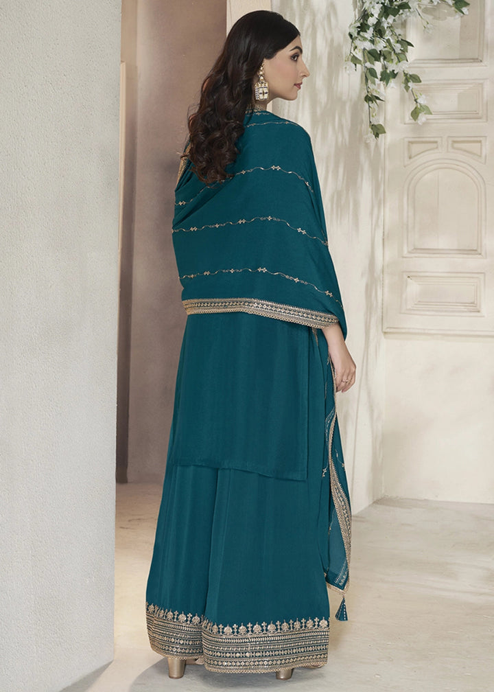 Aegean Blue Embroidered Sharara Suit in Chinon Silk with Jacquard Buttis - House of Sarvati LLC