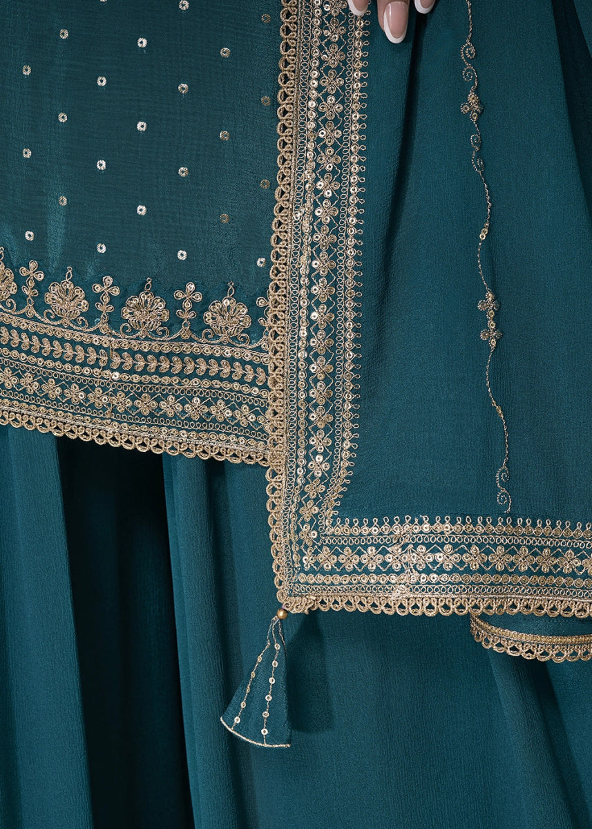 Aegean Blue Embroidered Sharara Suit in Chinon Silk with Jacquard Buttis - House of Sarvati LLC