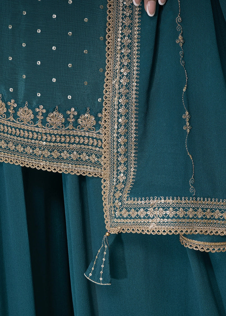 Aegean Blue Embroidered Sharara Suit in Chinon Silk with Jacquard Buttis - House of Sarvati LLC