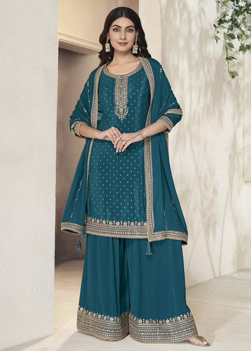 Aegean Blue Embroidered Sharara Suit in Chinon Silk with Jacquard Buttis - House of Sarvati LLC