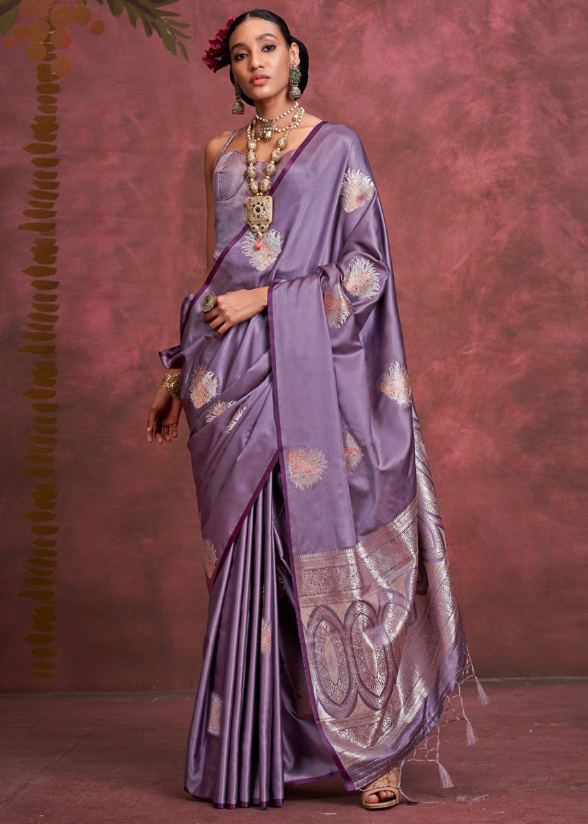 Affair Purple Satin Silk Saree Handcrafted with a Lustrous Drape - House of Sarvati LLC
