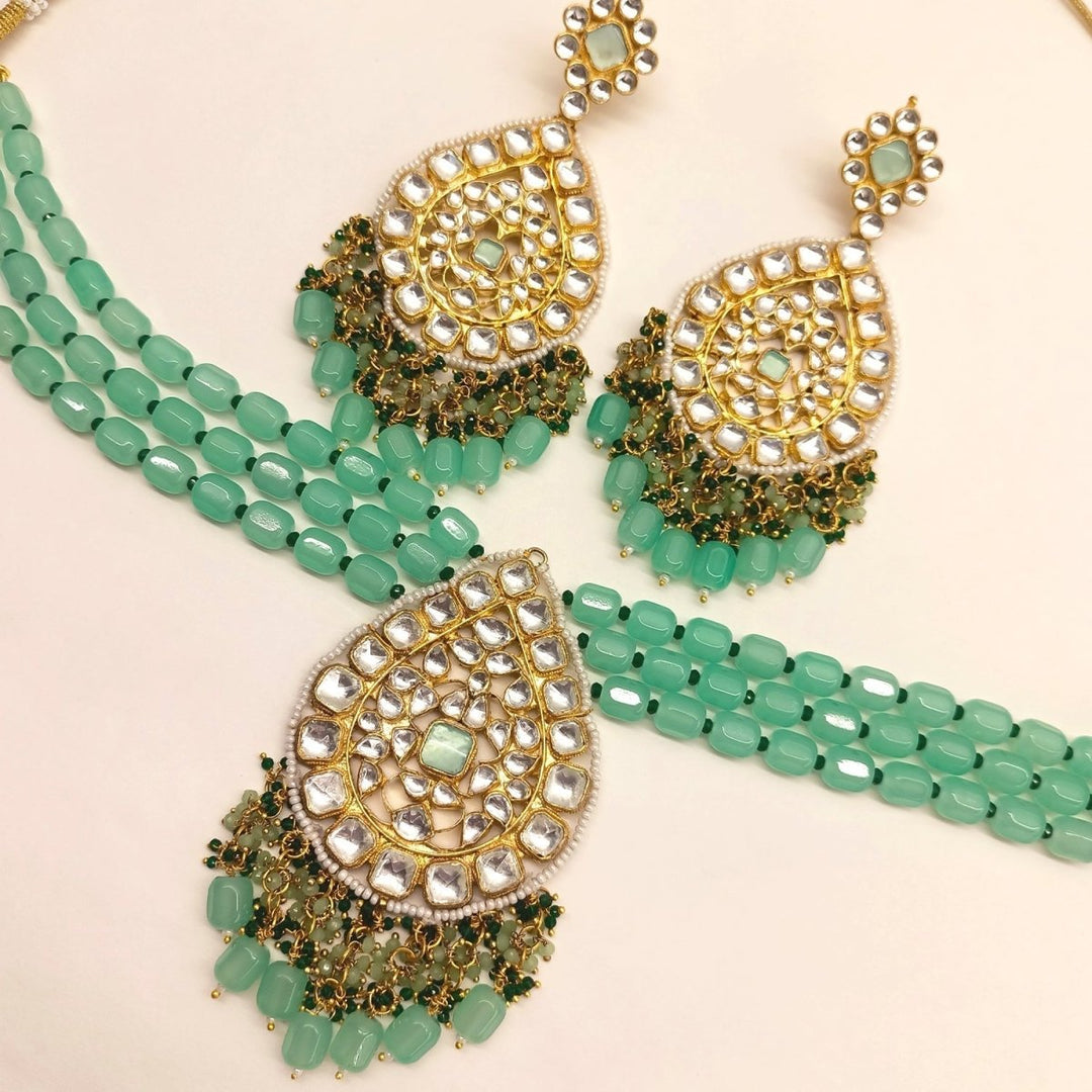 Afraah Mint Green Stone Gold Plated Pachi Kundan Pendant Set - House of Sarvati LLC