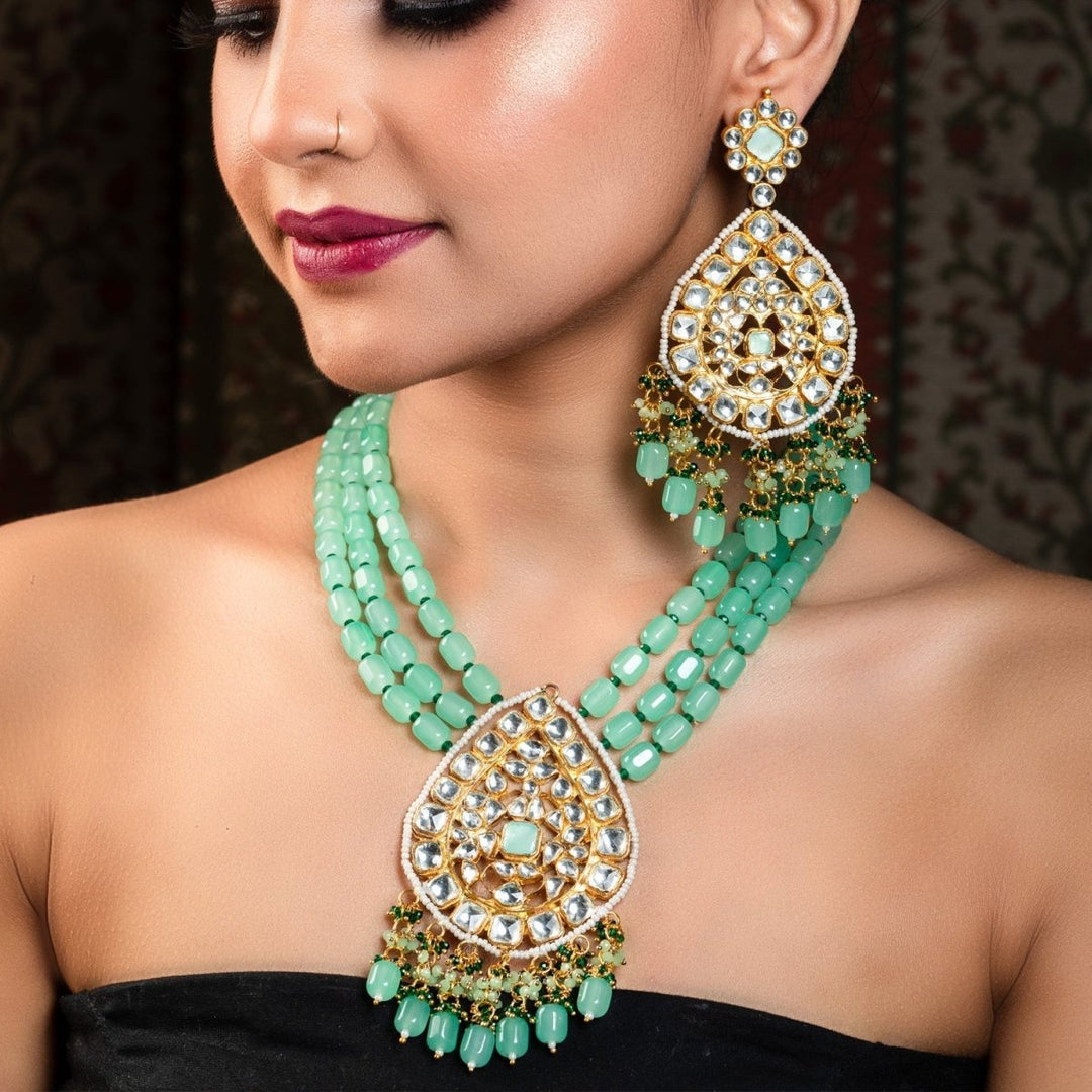 Afraah Mint Green Stone Gold Plated Pachi Kundan Pendant Set - House of Sarvati LLC