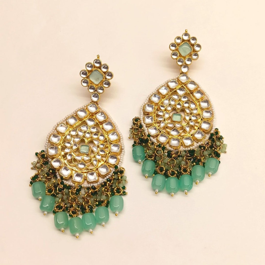 Afraah Mint Green Stone Gold Plated Pachi Kundan Pendant Set - House of Sarvati LLC