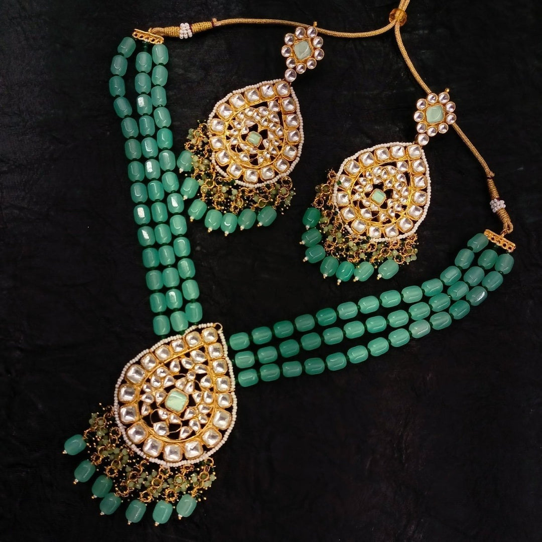 Afraah Mint Green Stone Gold Plated Pachi Kundan Pendant Set - House of Sarvati LLC