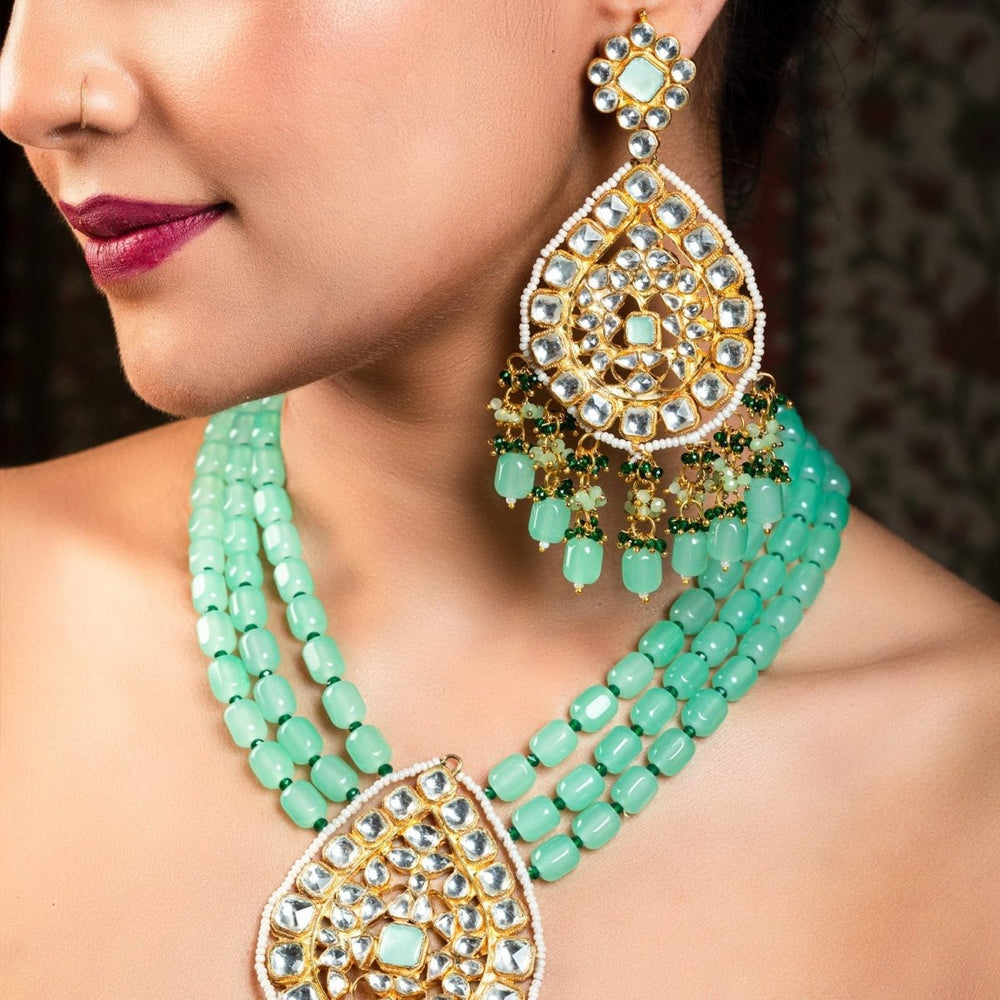 Afraah Mint Green Stone Gold Plated Pachi Kundan Pendant Set - House of Sarvati LLC