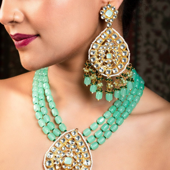 Afraah Mint Green Stone Gold Plated Pachi Kundan Pendant Set - House of Sarvati LLC