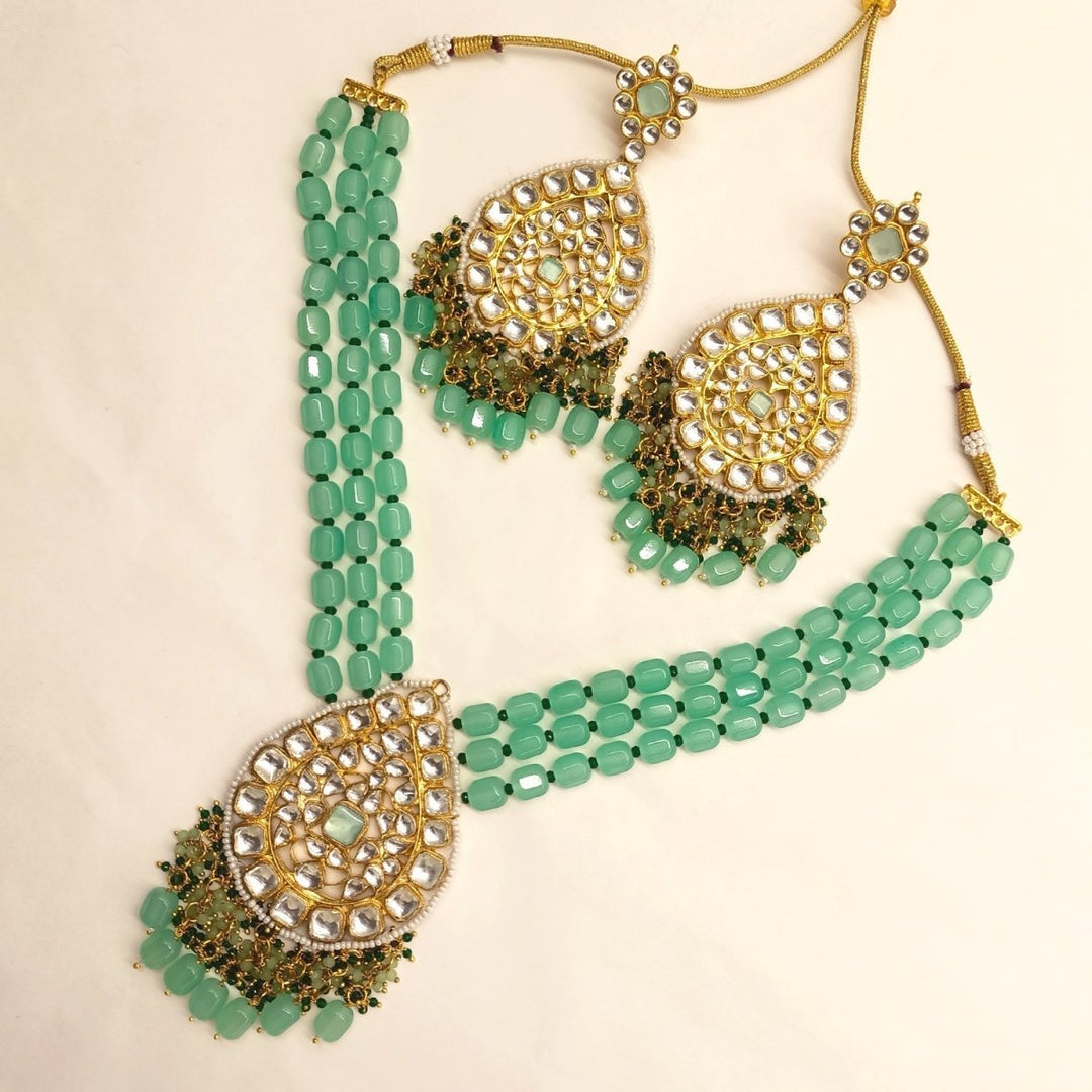 Afraah Mint Green Stone Gold Plated Pachi Kundan Pendant Set - House of Sarvati LLC