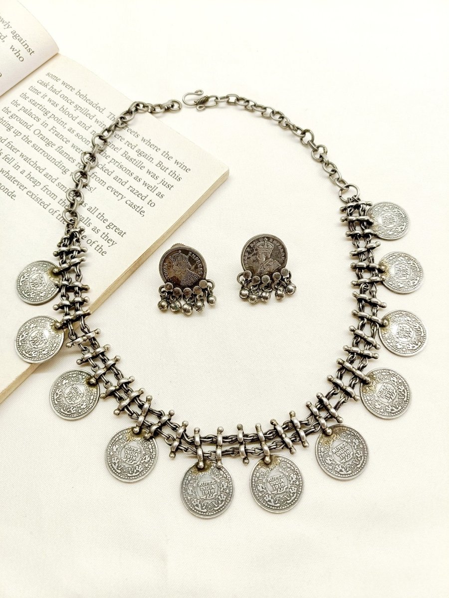 Ajuri German Silver Oxidized Necklace Set - House of Sarvati LLC
