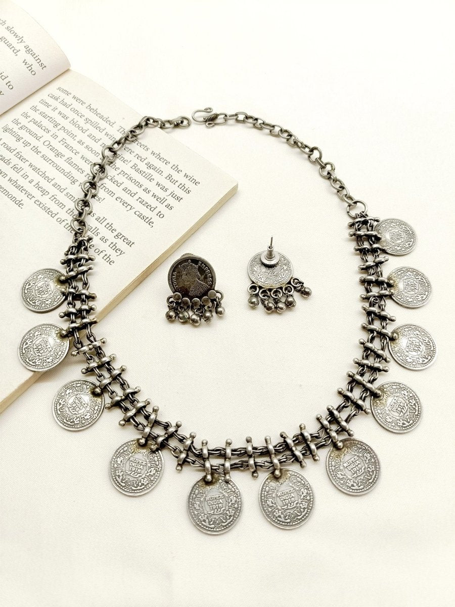 Ajuri German Silver Oxidized Necklace Set - House of Sarvati LLC