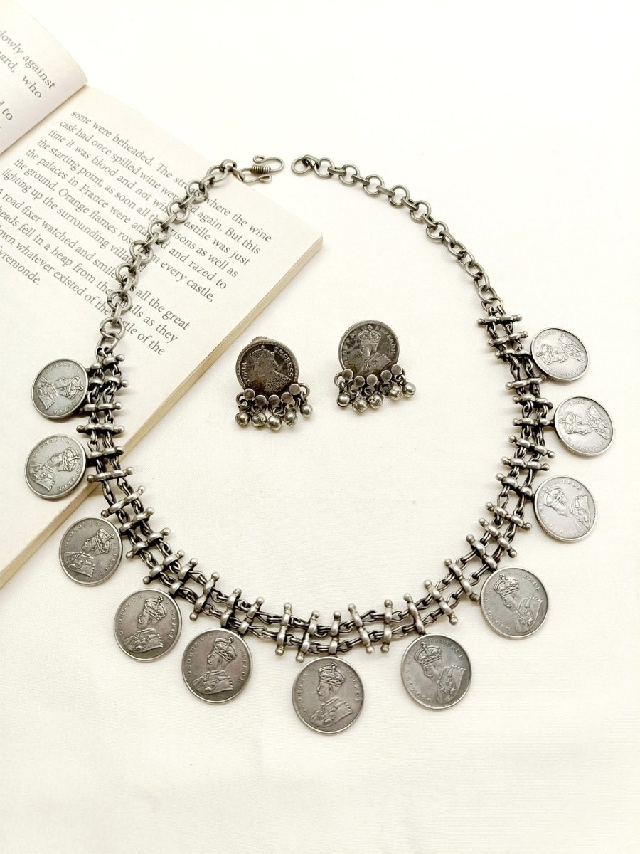 Ajuri German Silver Oxidized Necklace Set - House of Sarvati LLC
