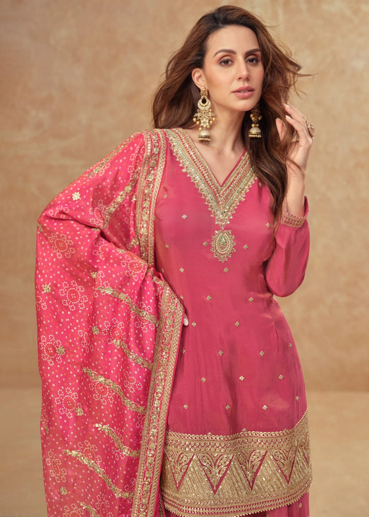 Amaranth Pink Embellished Simar Silk Palazzo Suit - House of Sarvati LLC