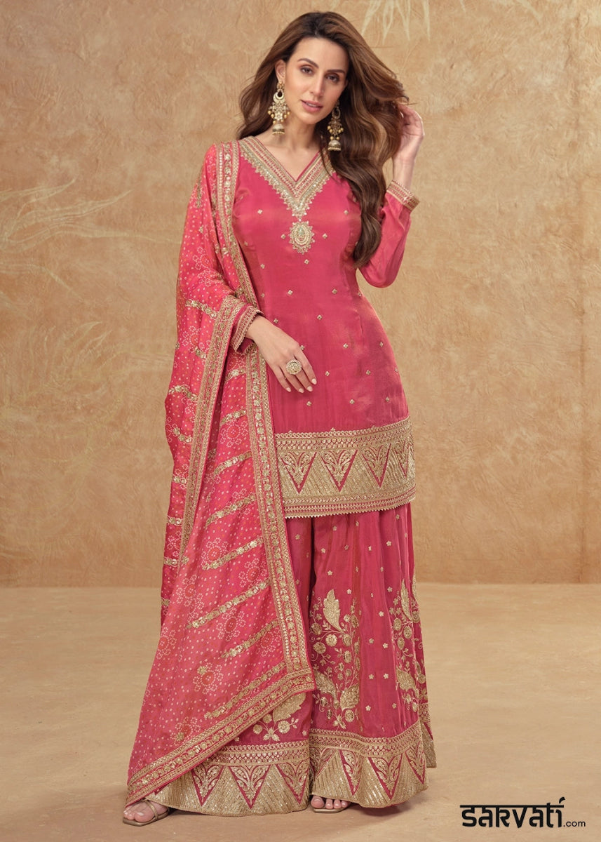 Amaranth Pink Embellished Simar Silk Palazzo Suit - House of Sarvati LLC