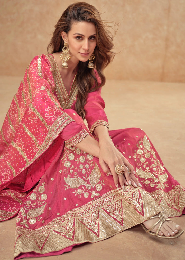 Amaranth Pink Embellished Simar Silk Palazzo Suit - House of Sarvati LLC