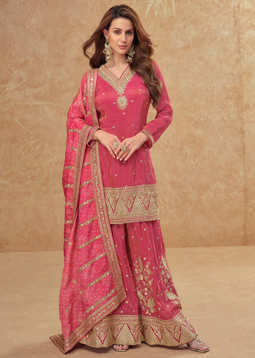 Amaranth Pink Embellished Simar Silk Palazzo Suit - House of Sarvati LLC