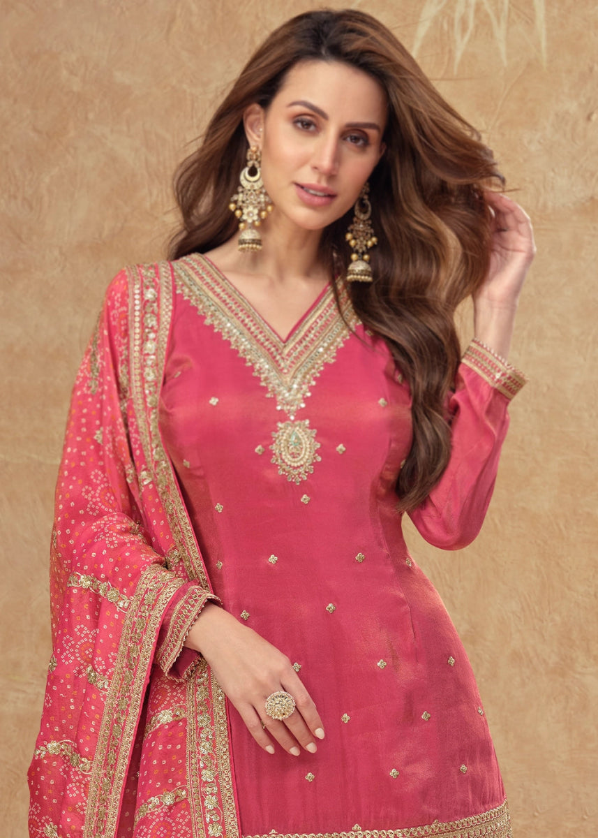 Amaranth Pink Embellished Simar Silk Palazzo Suit - House of Sarvati LLC