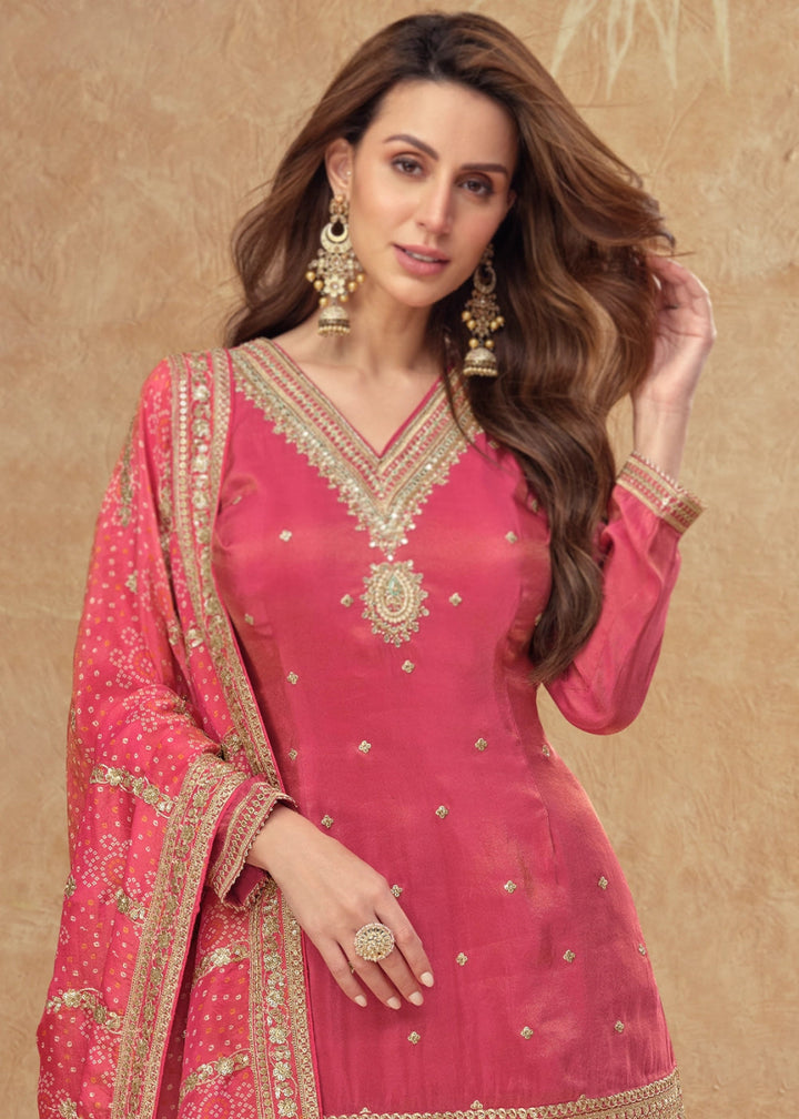 Amaranth Pink Embellished Simar Silk Palazzo Suit - House of Sarvati LLC
