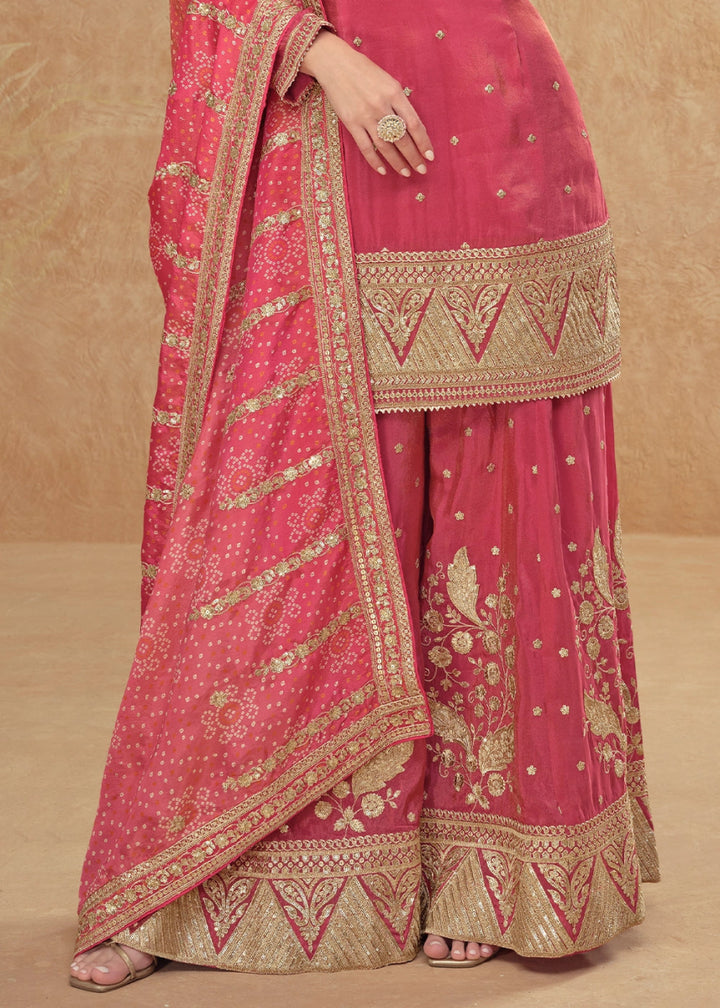 Amaranth Pink Embellished Simar Silk Palazzo Suit - House of Sarvati LLC