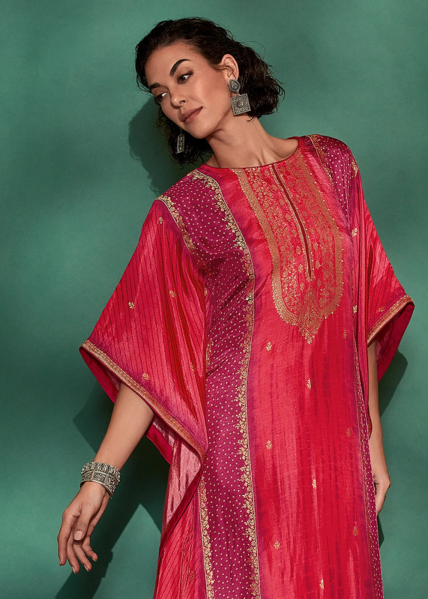 Amaranth Pink Printed Bandhani Viscose Silk Kaftan Set with Handcrafted Details - House of Sarvati LLC