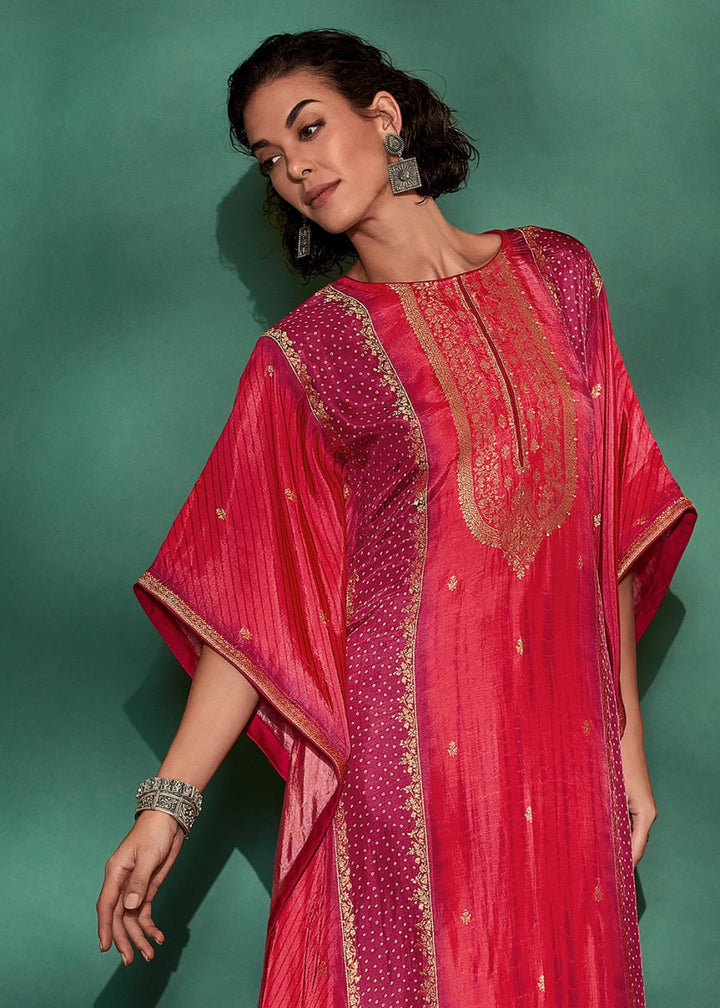Amaranth Pink Printed Bandhani Viscose Silk Kaftan Set with Handcrafted Details - House of Sarvati LLC