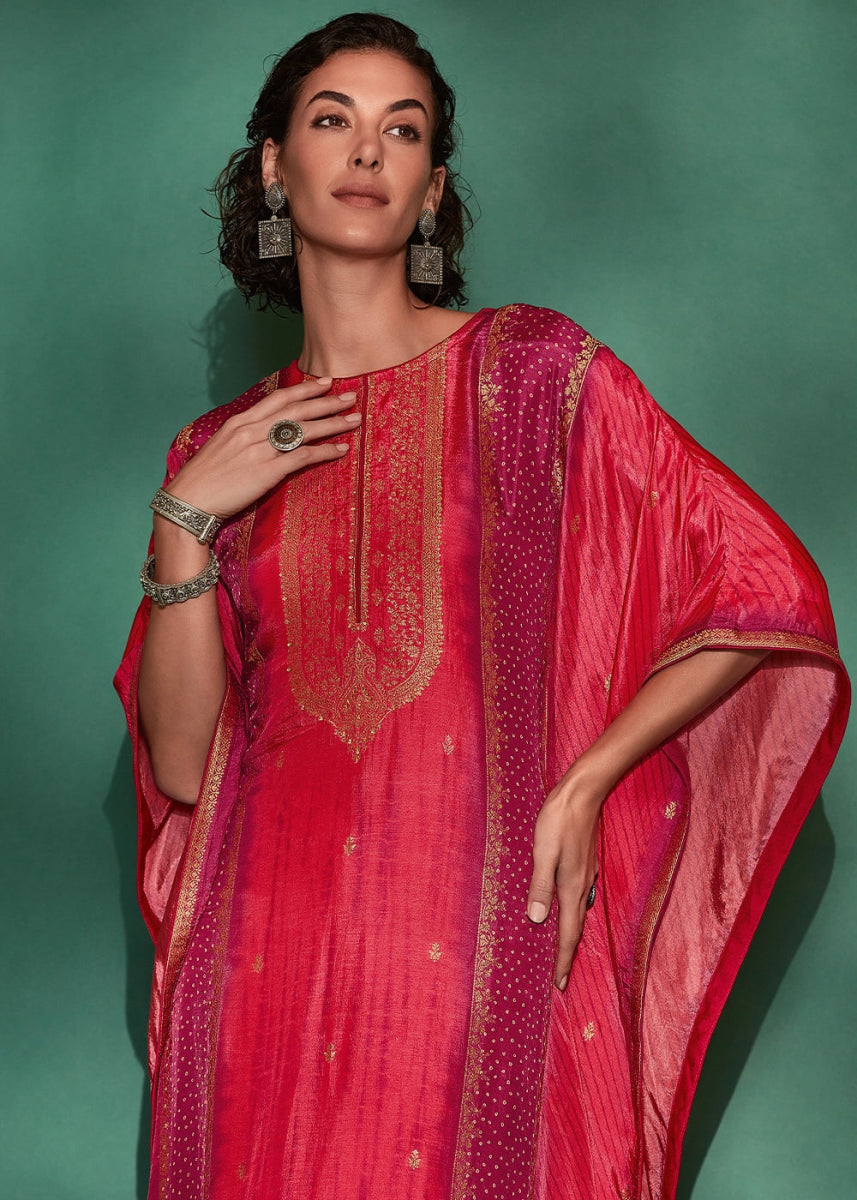 Amaranth Pink Printed Bandhani Viscose Silk Kaftan Set with Handcrafted Details - House of Sarvati LLC
