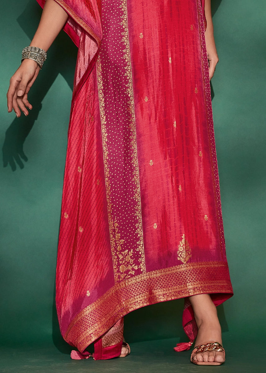 Amaranth Pink Printed Bandhani Viscose Silk Kaftan Set with Handcrafted Details - House of Sarvati LLC